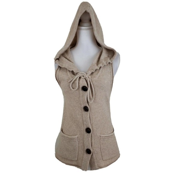 BANANA REPUBLIC ~Woman Size XS~ Beige Knit Wool Blend Button-Up Vest Hooded Top. - Picture 6 of 12